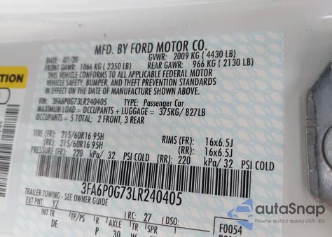 2020 Ford Fusion S z USA, uszkodzony, nr VIN 3FA6P0G73LR240405